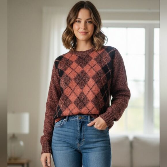 Burberrys Vintage 80's Intarsia Rust Black Argyle Crewneck Shetland Wool Sweater - Picture 1 of 13